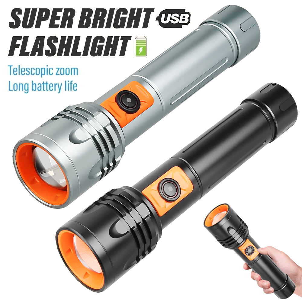 Fishing Light - ハイパワー LED 懐中電灯 USB 充電式トーチ、伸縮ズーム付き超高輝度戦術ランタン、アウトドアキャンプ、釣り用