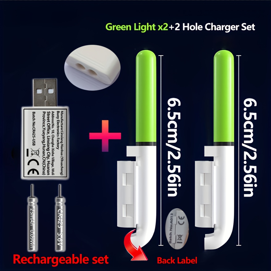 Fish Finder Charger - 釣り用5点セット（2つのロッドティップライト+2つの充電式CR425バッテリー+1つのデュアルポートUSB充電器）充電式バイトインジケーター
