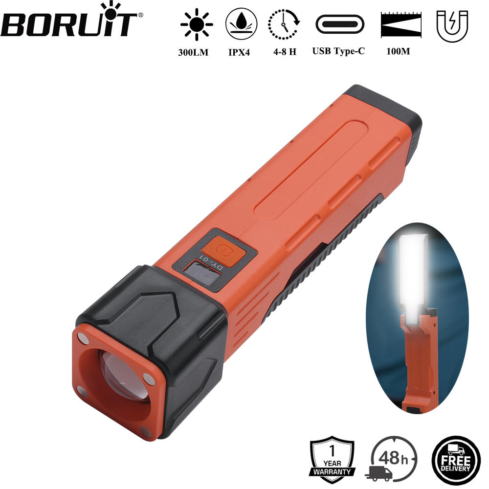 Fishing Light - BORUiT 300LM LED 作業灯ズーム懐中電灯タイプ C 充電式パワーバンクトーチ磁気修理ランプ安全ハンマーランタン