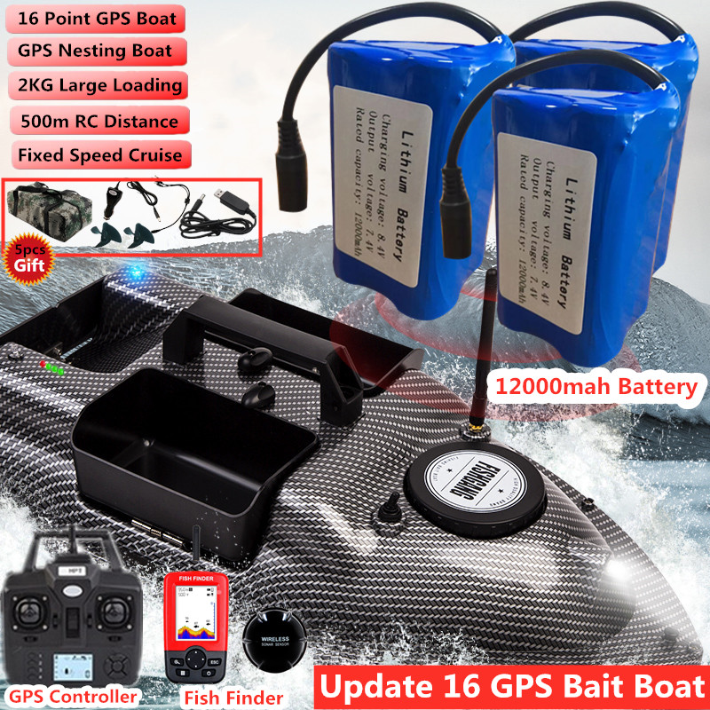 Fish Finder Gps - デュアルポジションRCフィッシングベイトボート、固定速度クルーズ、GPSネスティングボート、魚群探知機、3ホッパー、vs v18、2kg、500m、16ポイント
