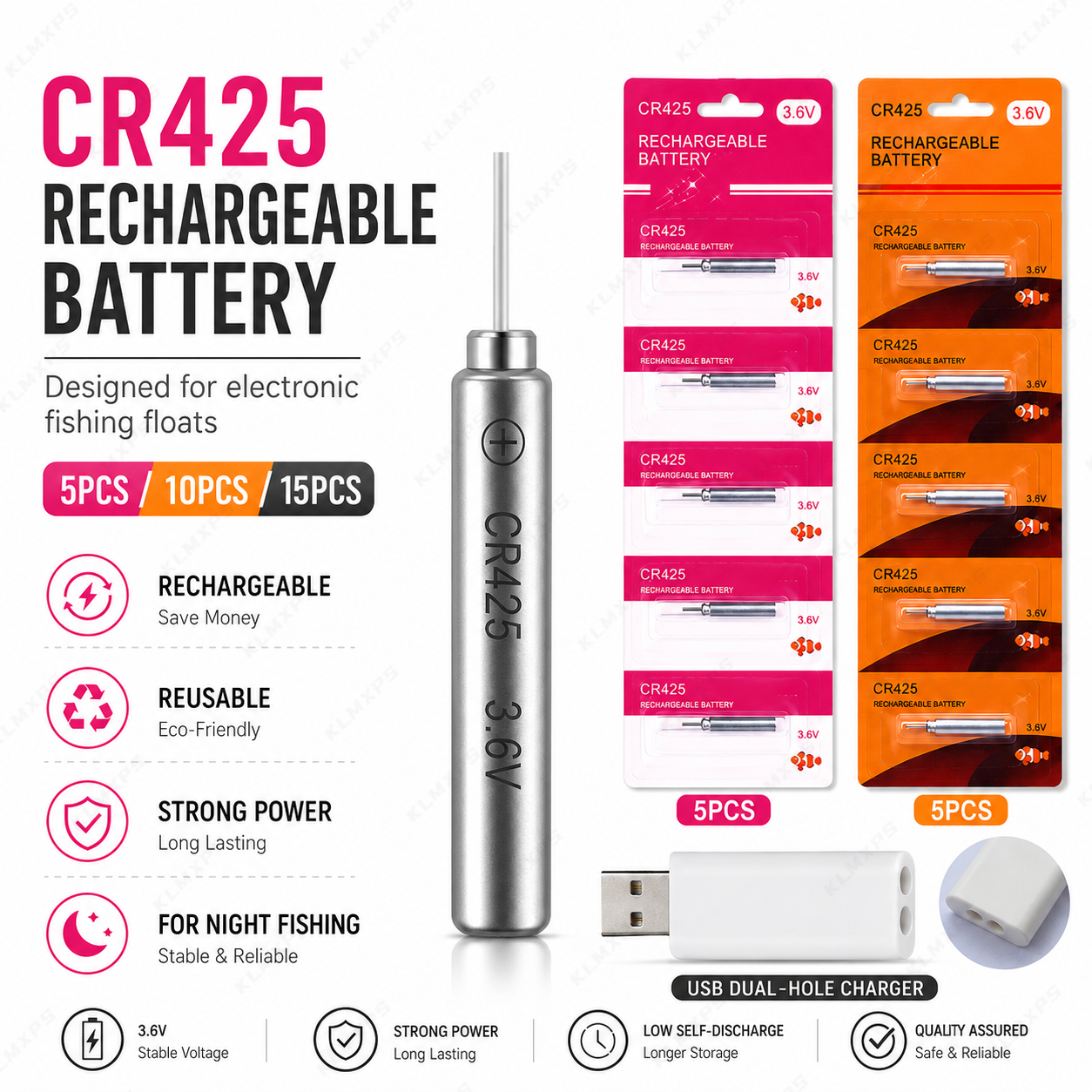Fish Finder Charger - CR425 充電式バッテリー 電子釣り用フロート 夜釣り用浮き竿 交換用バッテリー USBデュアルホール充電器付き