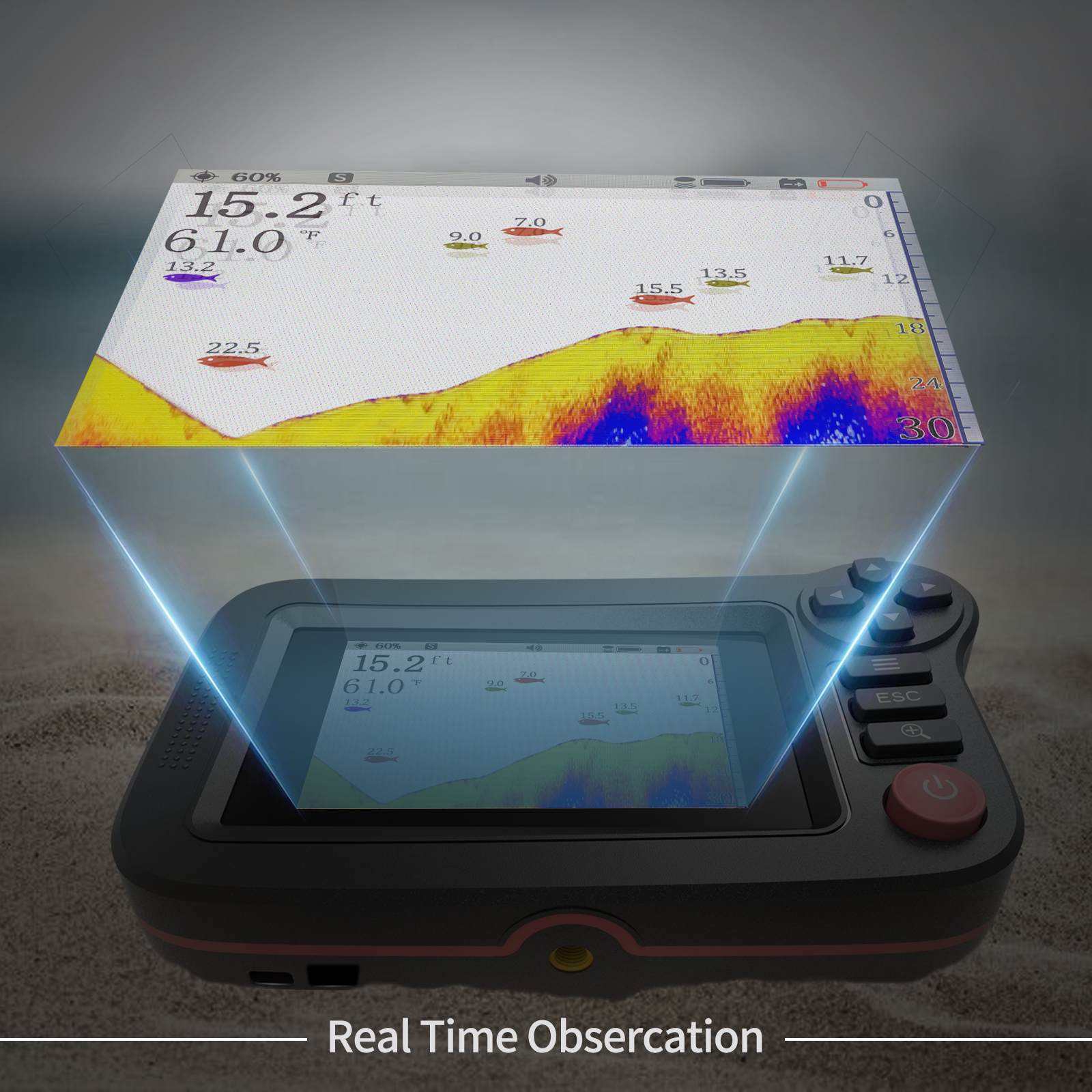 Fish Finder Transducer - FindFish 200M ポータブル魚群探知機トランスデューサーソナーセンサー水深ファインダー LCD スクリーンエコーサウンダー魚群探知機魚付き