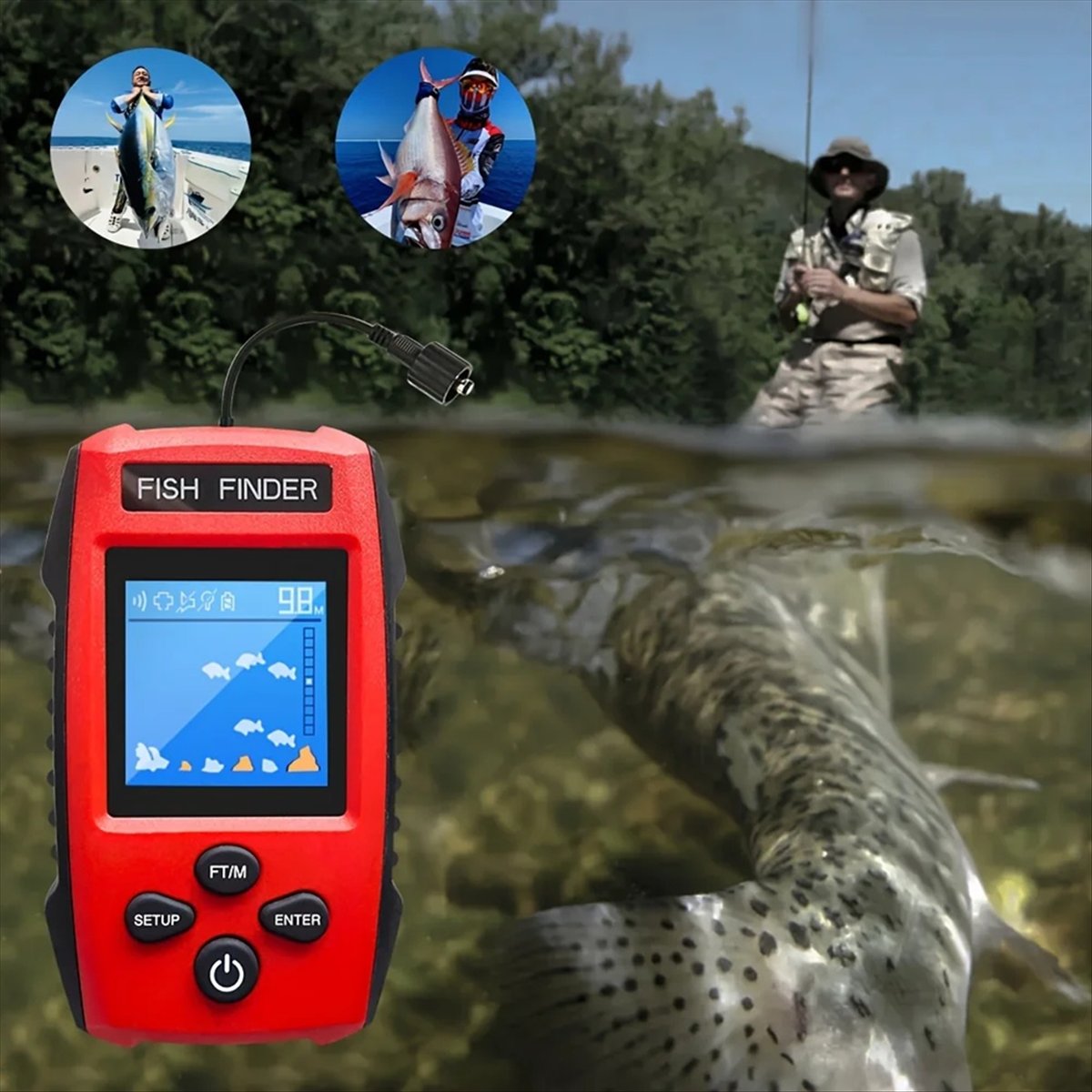 Fish Finder Transducer - カラー液晶魚群探知機 有線ソナー送信機 検出深度計付き 釣りボート、カヤック、釣り用