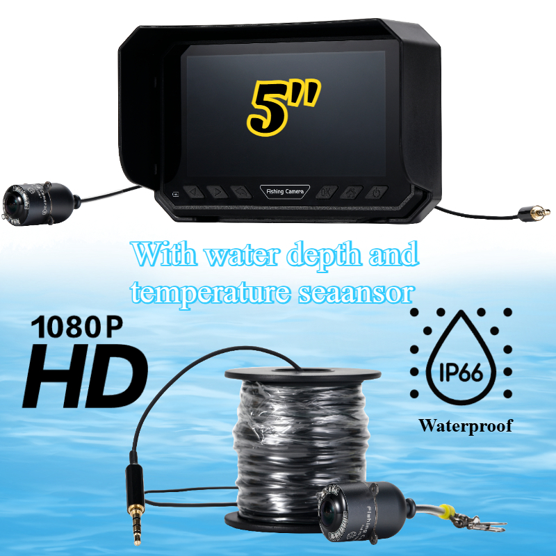 Fishing Camera - 5インチ水中釣りカメラ1080P HD - リアルタイム深さ/温度ゲージ、IP66防水、氷/湖釣り用8000mAhバッテリー