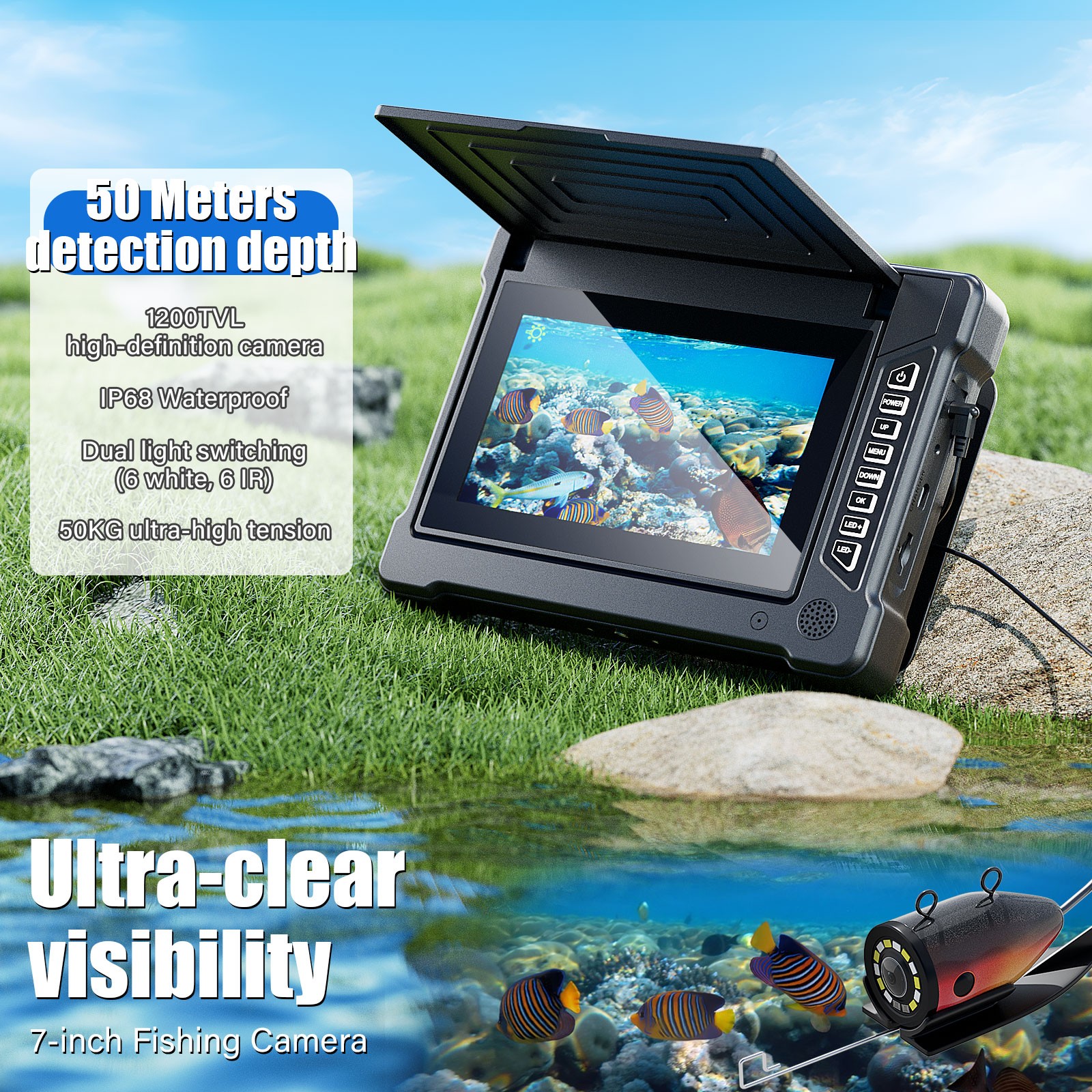 7インチ15M 1200TVL水中釣りカメラ、白と赤外線LE - Fish Finder Cable のレビューと価格